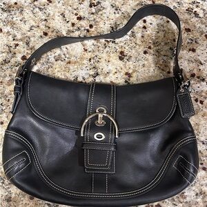 Vintage Coach Black Leather Shoulder Bag with Silver Accents
